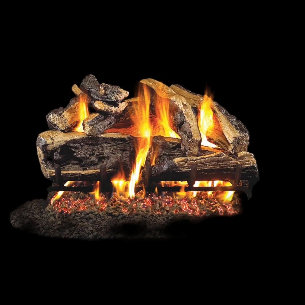 A gas log set with realistic faux logs, glowing orange and yellow flames, and dark embers on a black background.