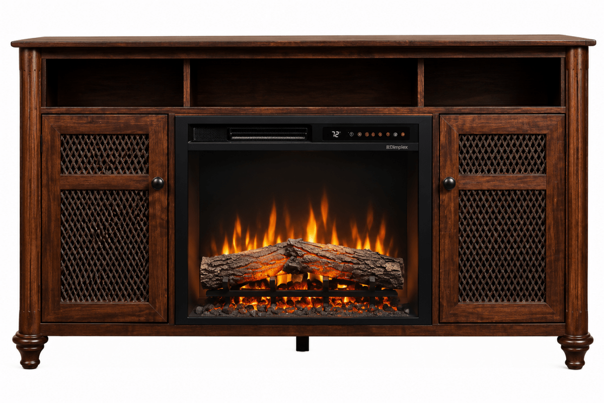 Dimplex Xavier electric fireplace showcasing a warm flame effect and elegant contemporary fireplace designOutdoors