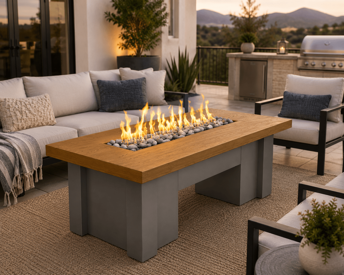 The Outdoor Plus Alameda Fire Table Aluminum (Golden Oak) Top and Powder Coat Base - Eternal Flame Outdoors
