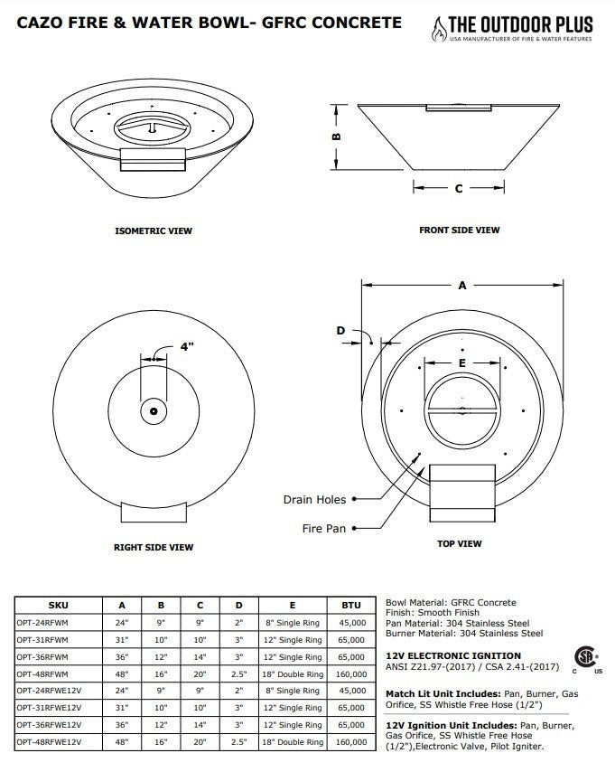 The Outdoor Plus Cazo Fire & Water Bowl - Matchlit - NG - Eternal Flame Outdoors