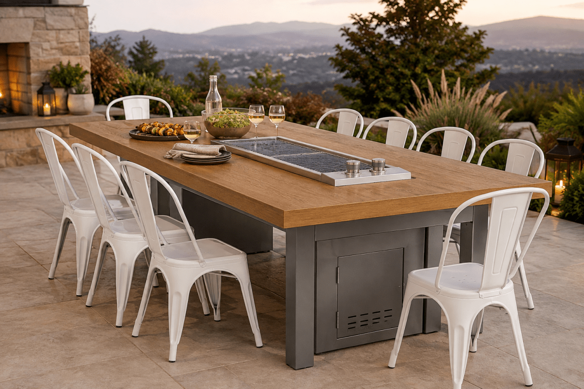 Videl Santa Barbara Anza Cooking Table - Aluminum Top (Golden Oak), Powder Coat Base - Eternal Flame Outdoors