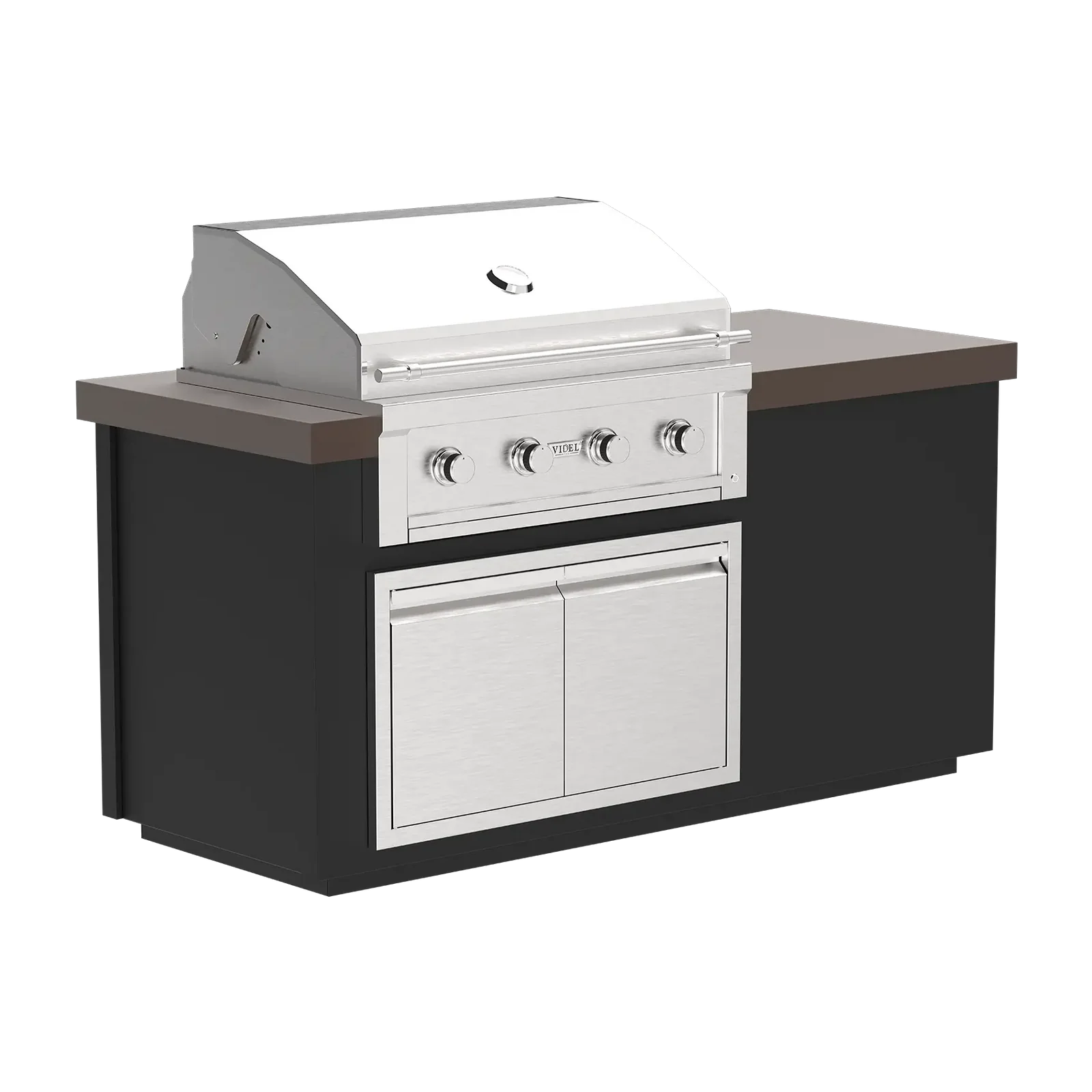 Outdoor kitchen island with grill and cabinets on a white background