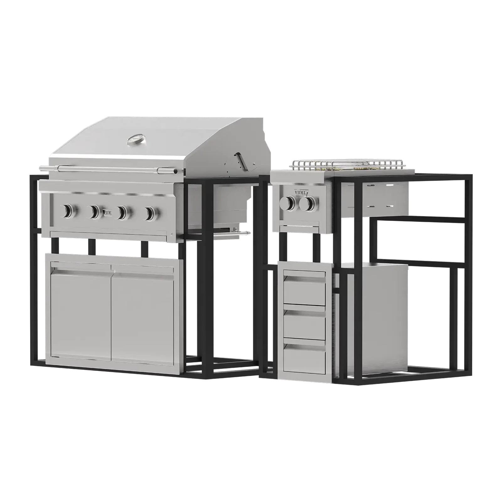 Outdoor grill and storage unit with a white background