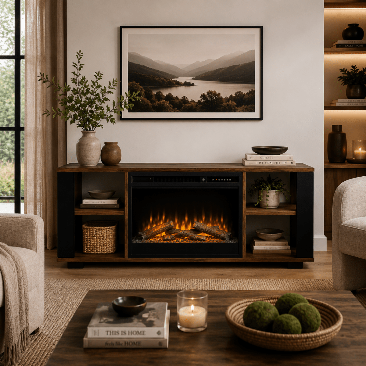 Dimplex Arlo Media Console Electric Fireplace With Logs - Eternal Flame Outdoors