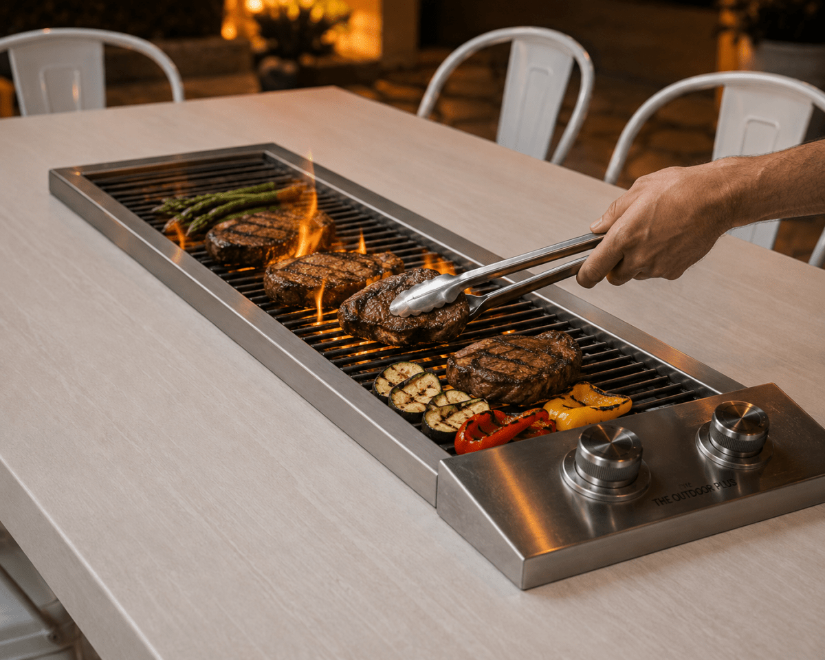 Videl Santa Barbara Anza Cooking Table - Aluminum Top (Golden Oak), Powder Coat Base - Eternal Flame Outdoors